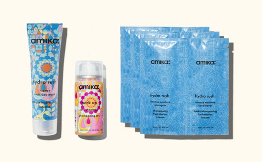 Amika hydration trial kit hydro rush intense moisture shampoo, conditioner, mask + perk up dry shampoo